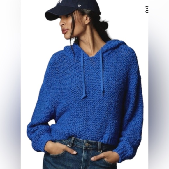 Anthropologie NWOT Pilcro Sailcloth Hooded Knit Sweater Royal Blue Distressed S - Picture 1 of 8
